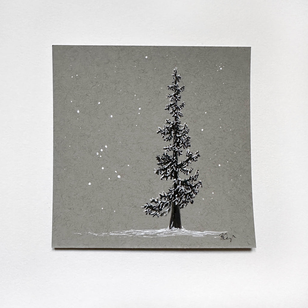 Snowy Tree 19 - Orion and a Delicate Snowy Tree on Gray Toned Paper - 4"x4"