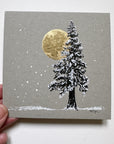 Snowy Tree 5 - Gold Moon and Single Tree on Gray Tone Paper - 4"x4"
