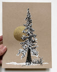 Snowy Tree 24 - Tall Tree with Gold Moon and Ferns on Tan Toned paper - 6"x8"