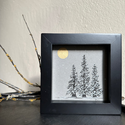 Snowy Tree 14 - Triple Trees and Gold Moon on Gray Toned Paper 4"x4"