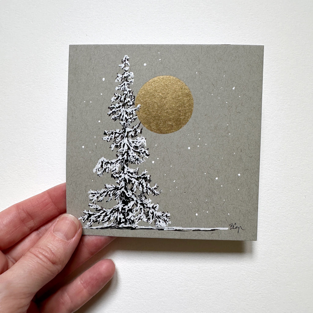 Snowy Tree 7 - Single Tree with Gold Moon on Gray Toned Paper - 4"x4"