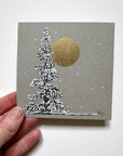 Snowy Tree 7 - Single Tree with Gold Moon on Gray Toned Paper - 4"x4"