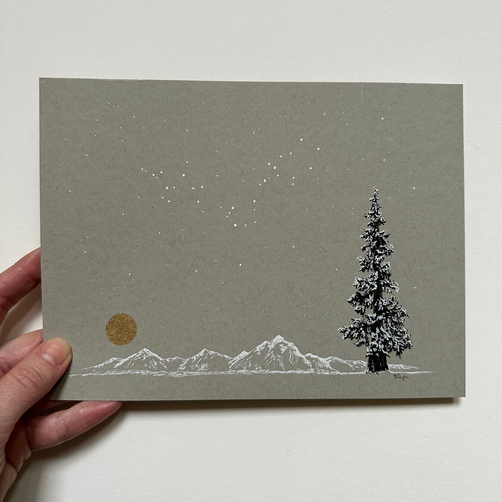 Snowy Tree 22 - Snowy Mountain, Gold Moon and Single Tree on Gray Toned Paper - 6"x8"