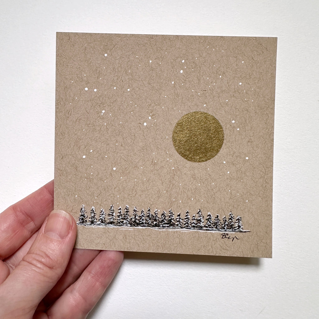 Snowy Tree 18 - Tiny Tree Line with Large Gold Moon on Tan Toned Paper - 4"x4"