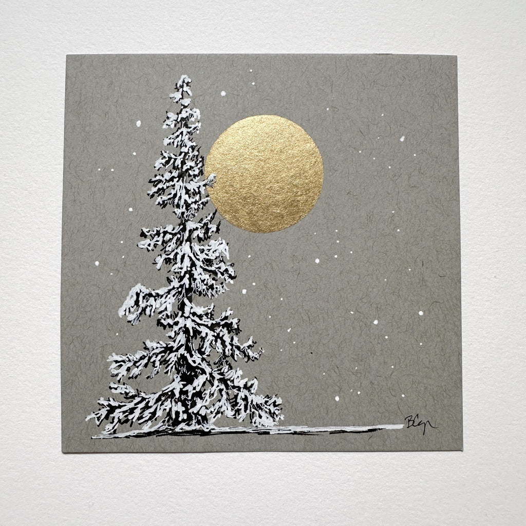 Snowy Tree 7 - Single Tree with Gold Moon on Gray Toned Paper - 4"x4"