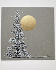 Snowy Tree 7 - Single Tree with Gold Moon on Gray Toned Paper - 4"x4"