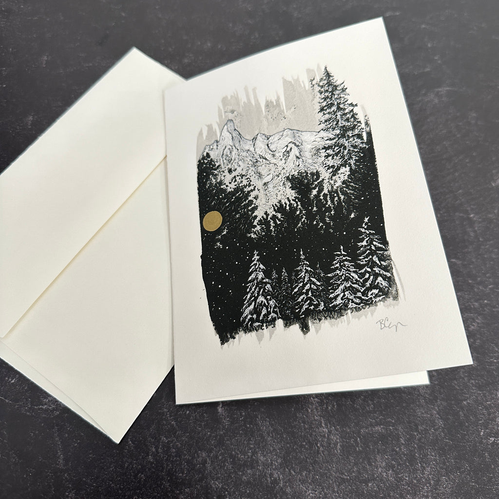 Winter Landscape notecard - card size 4.5 x 6.25 - print to order - hand embellished in gold