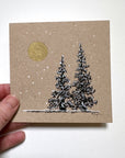 Snowy Tree 17 - Cygnus Constellation with Two Trees and Golden Moon on Tan Toned Paper - 4"x4"