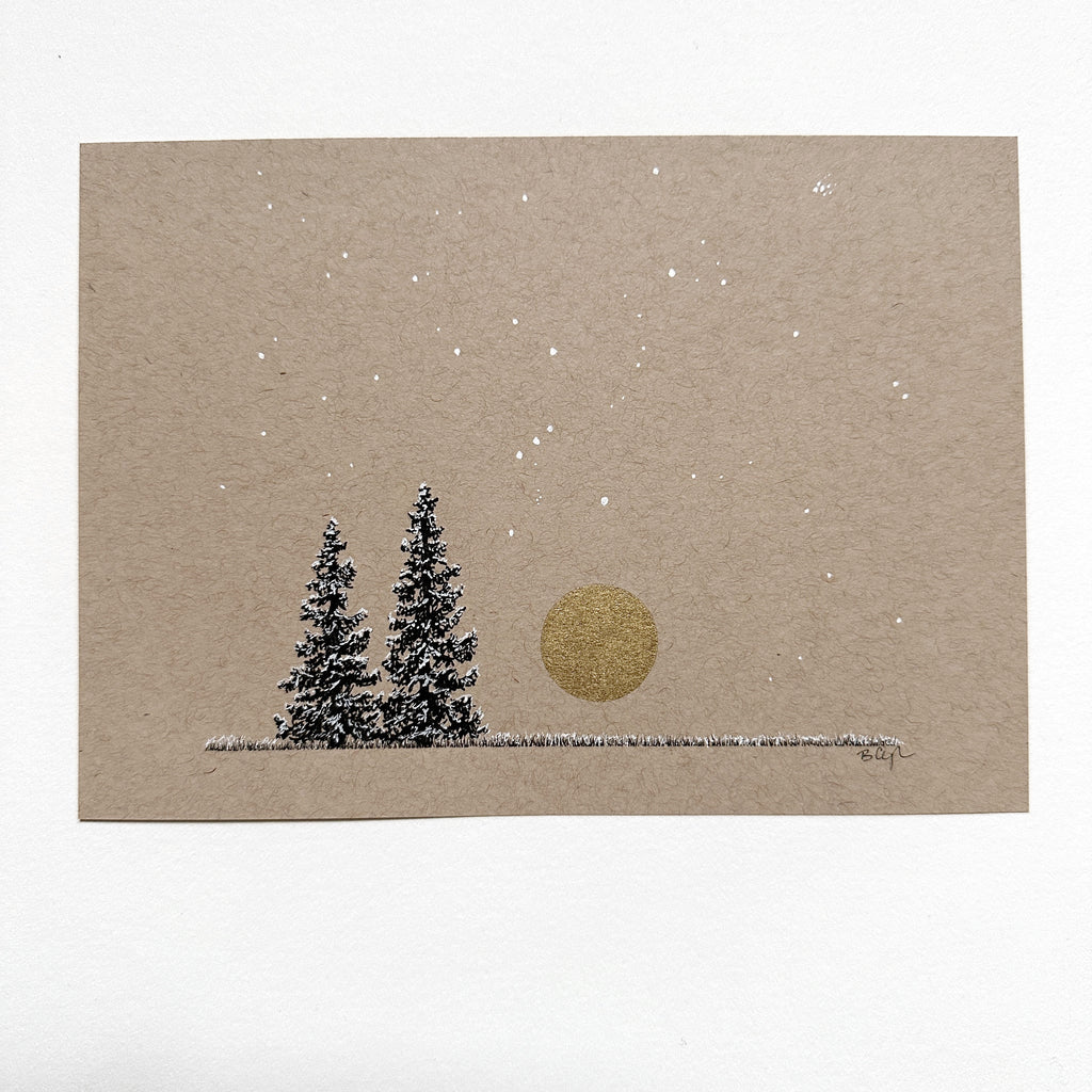 Snowy Tree 21 - Orion, Taurus and Pleiades with Gold Moon and Two Trees on Tan Toned Paper -5"x7"
