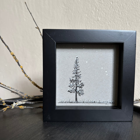 Snowy Tree 11 - Single Tree with Snowy Grass and Aries on Gray Toned Paper - 4"x4"