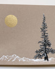 Snowy Tree 26 - Snowy Mountains with Tall Tree and Gold Moon on Tan Toned Paper - 8"x10"