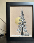 Snowy Tree 24 - Tall Tree with Gold Moon and Ferns on Tan Toned paper - 6"x8"