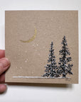 Snowy Tree 10 - Double Tree with Gold Crescent Moon on Tan Toned Paper - 4"x4"