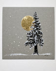 Snowy Tree 5 - Gold Moon and Single Tree on Gray Tone Paper - 4"x4"