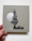 Snowy Tree 2 - Tree with Silver Moon, Ferns and Big Dipper on Gray Toned Paper - 4"x4"