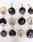 Wood Round Ornament - 19 - Snowy Trees Gold Moon and Star Trails