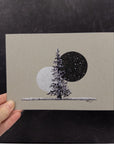 Cassiopeia, Moon and Snowy Tree on Gray Paper - Original Drawing - 5"x7"