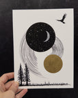 Star Trails, Crescent Moon, Sun and Bird - 6"x8" Original Drawing - Ready to Ship