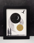 Star Trails, Crescent Moon, Sun and Bird - 6"x8" Original Drawing - Ready to Ship