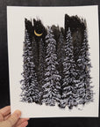 Super Snowy Forest with Gold Crescent Moon - 8"x10" Original Drawing - Ready to Ship
