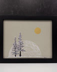 Snowy Trees, Star Trails and Golden Moon on Gray Paper - Original Drawing - 8"x10"