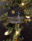 Winter Theme Wood Ornament 2025 - 11 - Gold Moon and Single Snowy Tree with little mountains