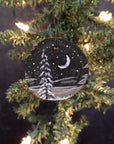 Winter Theme Wood Ornament 2025 - 38 - Silver Crescent Moon and Snowy Trees