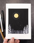 Print Sale - 5"x7" Winter Orion with Golden Moon Halo and Snowy Trees - hand embellished print - Ready to Ship