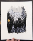 Print Sale - 8"x10" Winter Landscape - Snowy Mountains and Trees - Pen and Ink Drawing - Ready to Ship