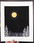Print Sale 8"x10" Winter Orion with Moon Halo and Snowy Trees - hand embellished print - Ready to Ship