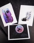 Notecard Set - Galaxy Hummingbird, Violet Aurora, Celestial Flowers - card size 4.5 x 6.25 - print to order
