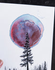 Single Tree and Red Aurora Orb - Art Print - hand embellished with metallic silver - Print to Order