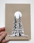 Snowy Tree 20 - Silver Moon with Two Very Snow Laden Trees on Tan Toned Paper - 5"x7"