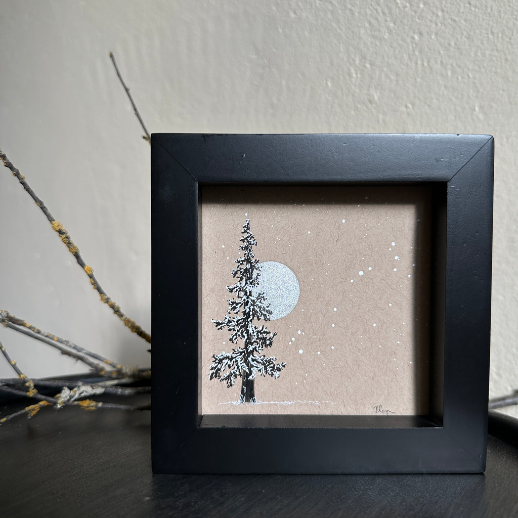Snowy Tree 13 - Single Tree with Silver Moon on Tan Toned Paper - 4"x4"