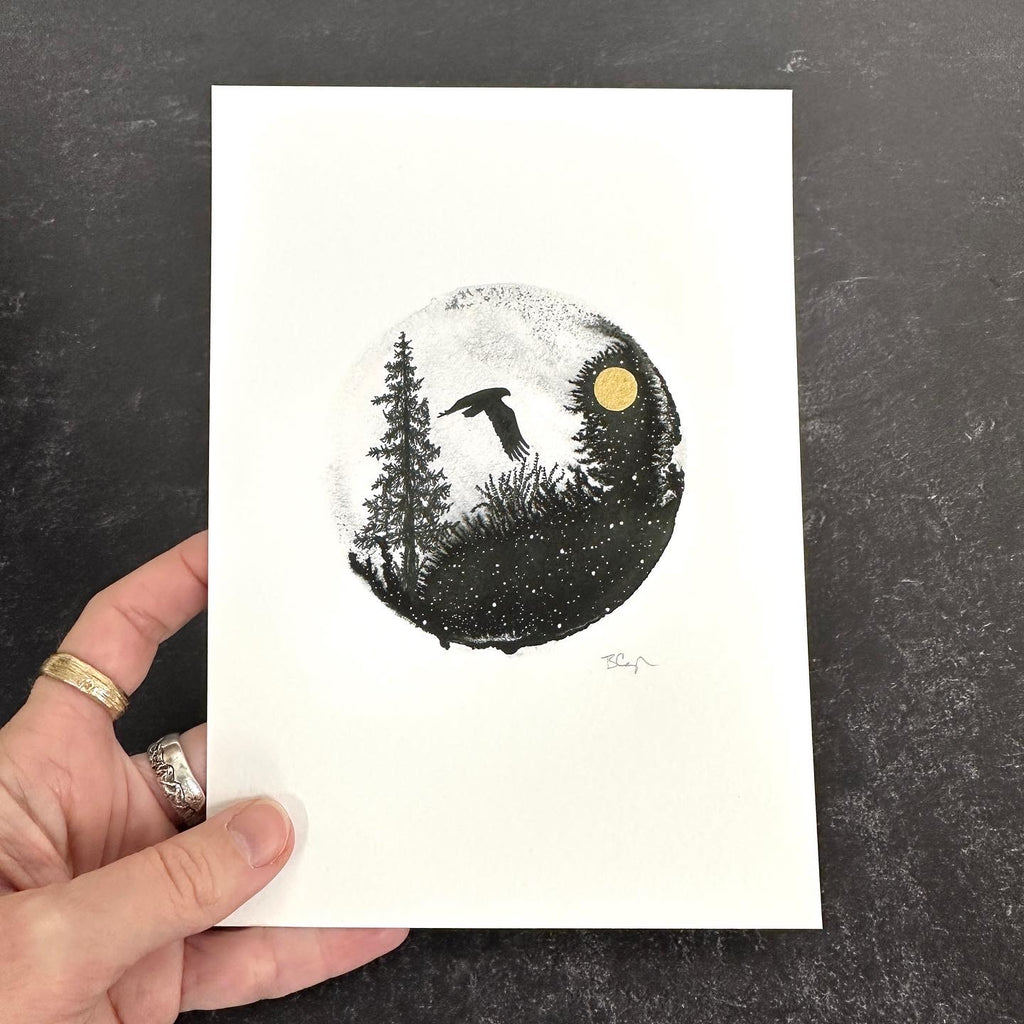 Hawk Silhouette - Circle Landscape - Pen and Ink Drawing - Print to Order