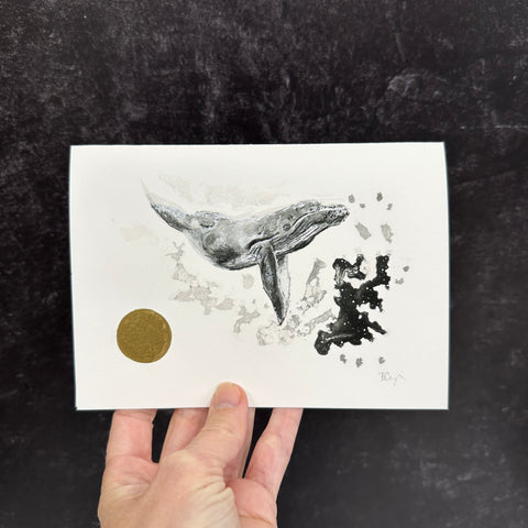 Humpback Whale notecard - card size 4.5 x 6.25 - print to order - hand embellished in gold