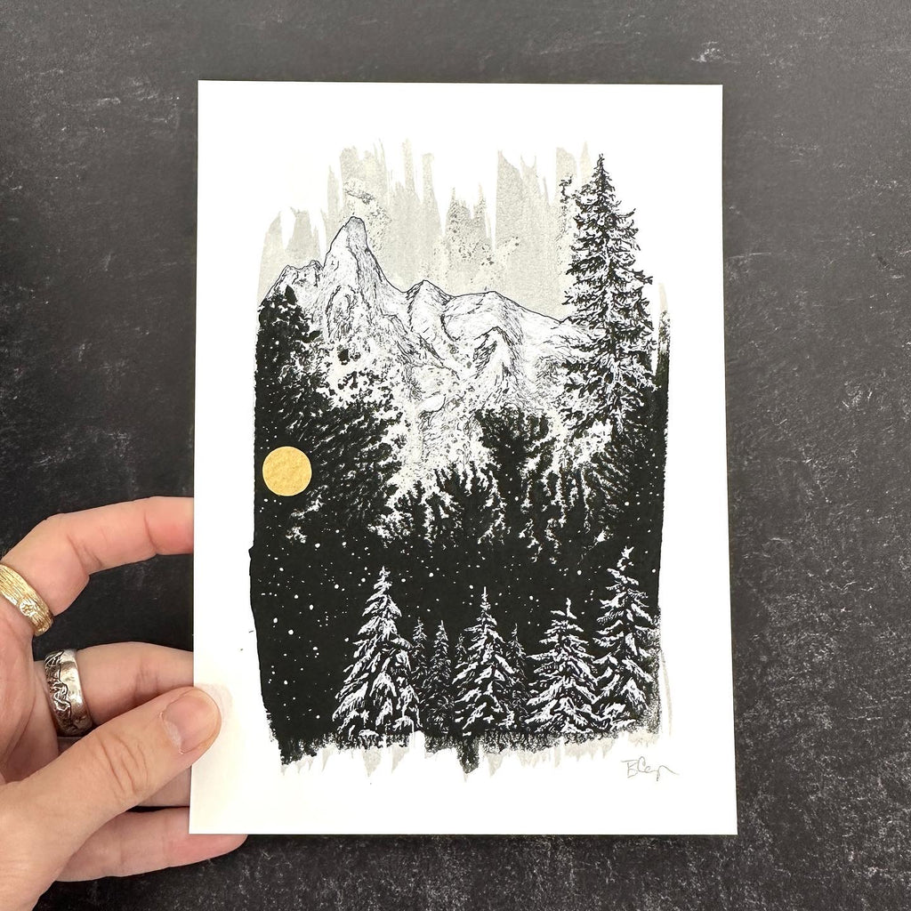 Winter Landscape - Snowy Mountains and Trees - Pen and Ink Drawing - Print to Order