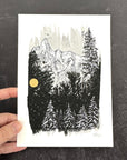 Winter Landscape - Snowy Mountains and Trees - Pen and Ink Drawing - Print to Order