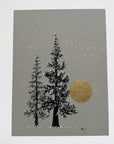 Snowy Tree 25 - Two Tall Trees and Gold Moon on Gray Toned paper - 6”x8”