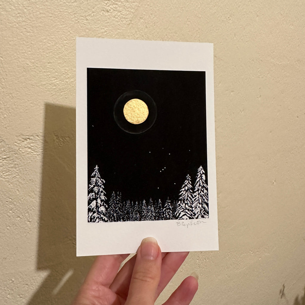 Winter Orion with moon halo and snowy trees - 4x6 ready to ship - hand embellished