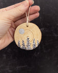 Wood Round Ornament - 10 - Snowy Forest Silver Moon