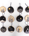 Wood Round Ornament - 19 - Snowy Trees Gold Moon and Star Trails