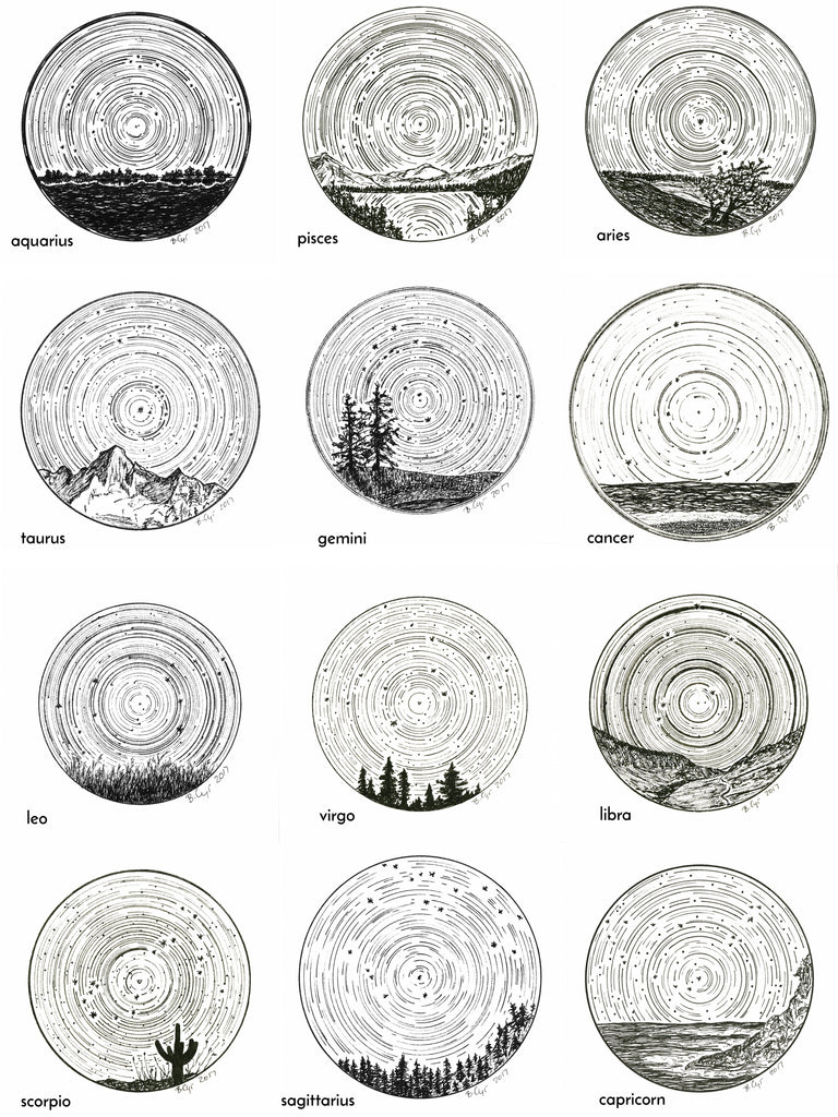 Leo - Star Trails - Zodiac Constellations - Pen and Ink Drawing Print - Beth Cyr Handmade Jewelry