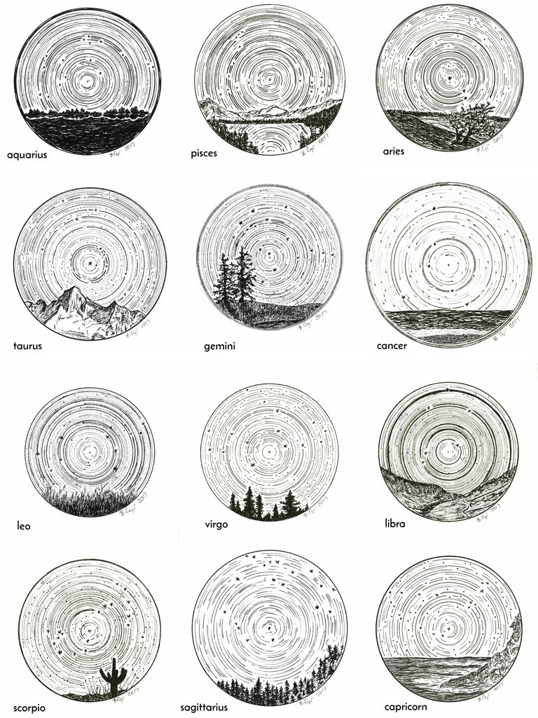 Virgo - Star Trails - Zodiac Constellations - Pen and Ink Drawing Print - Beth Cyr Handmade Jewelry