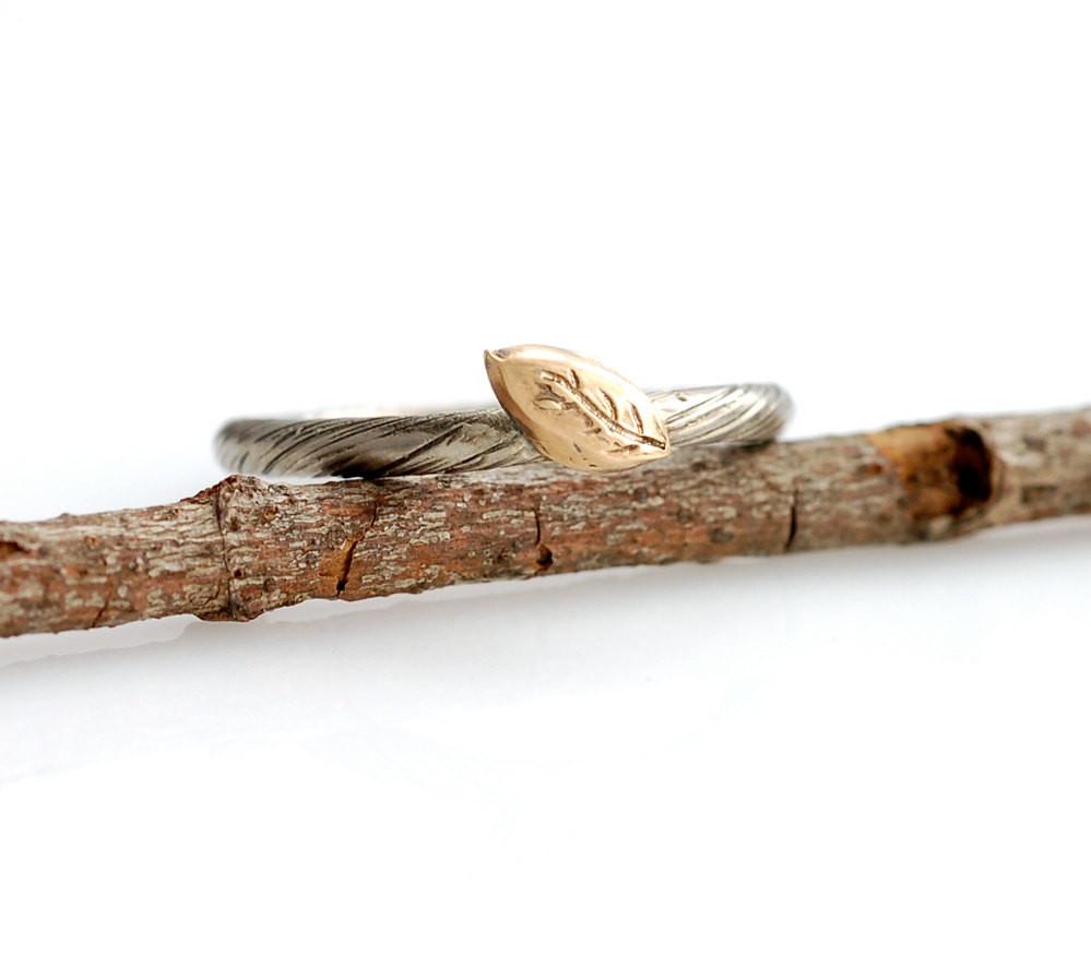 Autumn Leaf - Vine and Leaf Ring in 14k Yellow and Palladium White Gold - size 6.5 - Ready to Ship - Beth Cyr Handmade Jewelry