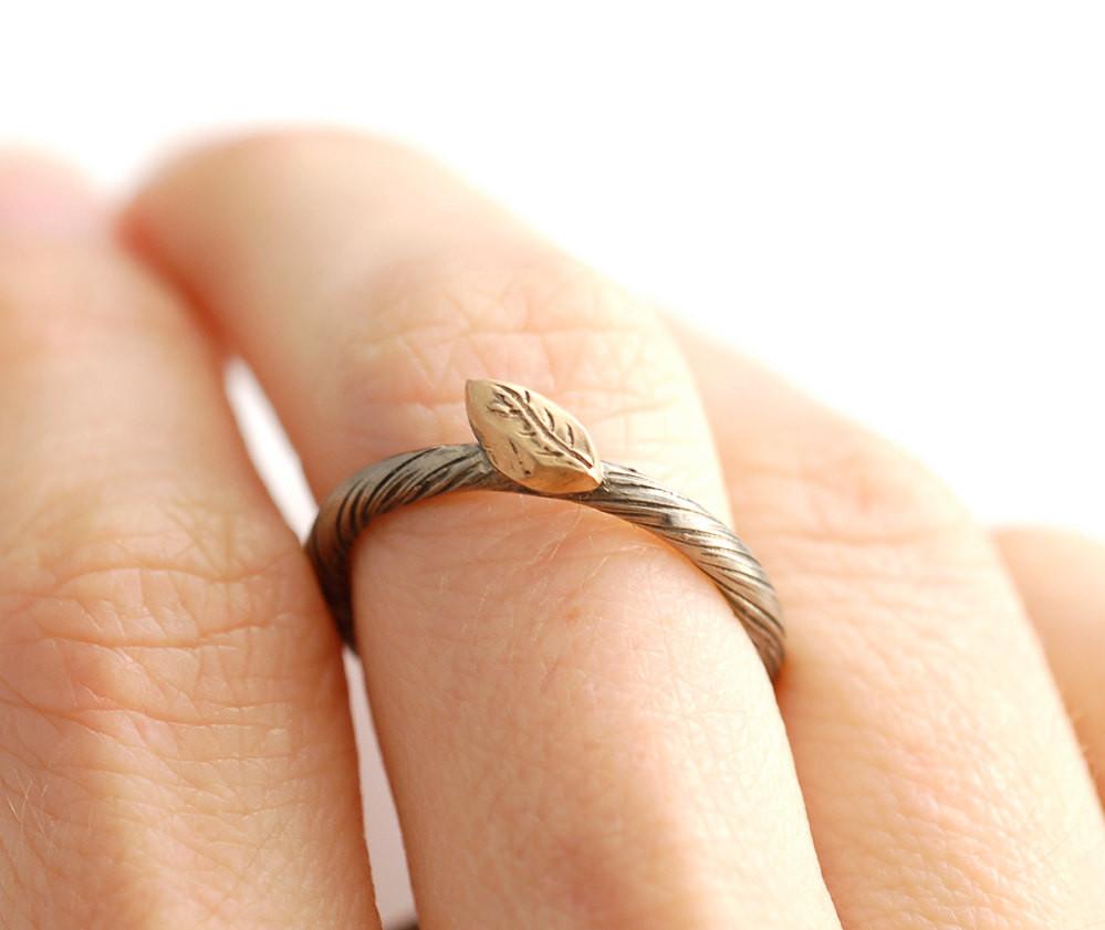 Autumn Leaf - Vine and Leaf Ring in 14k Yellow and Palladium White Gold - size 6.5 - Ready to Ship - Beth Cyr Handmade Jewelry