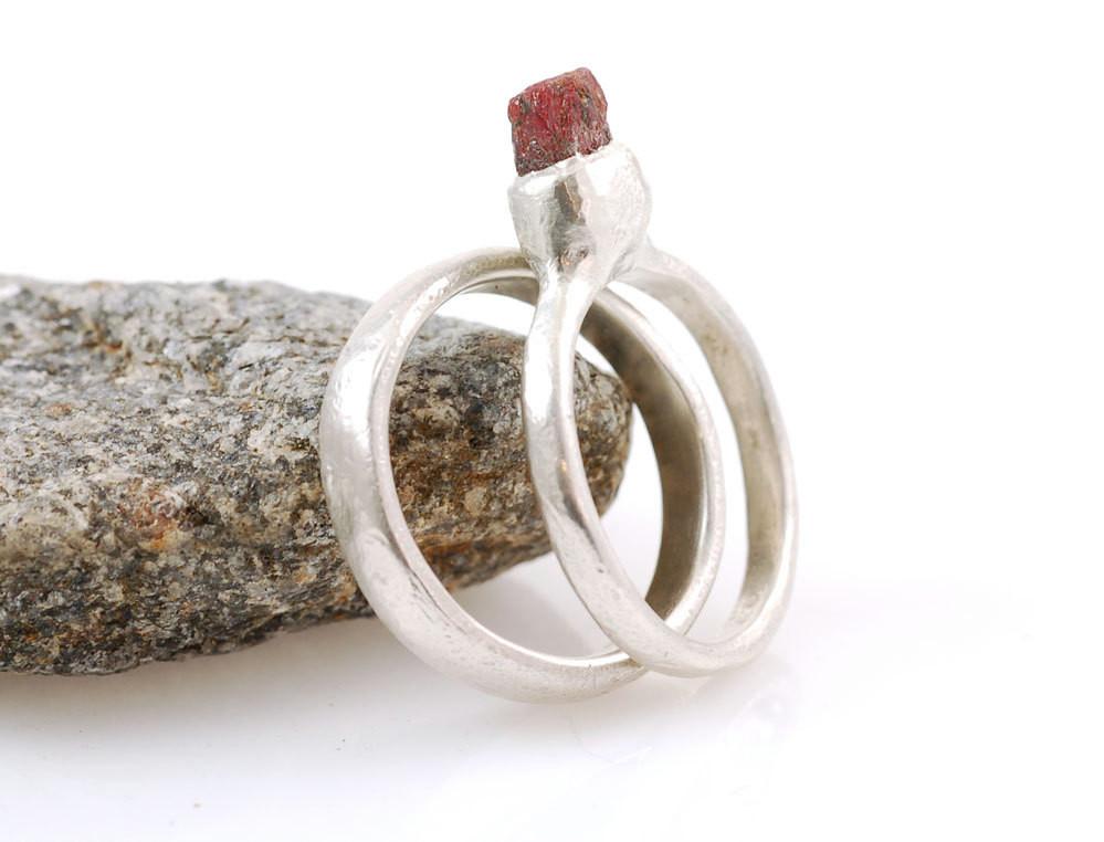 Rough Ruby in Palladium Sterling Silver Engagement Ring and Wedding Band Set - size 6 - Ready to Ship - Beth Cyr Handmade Jewelry