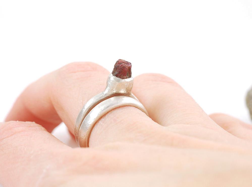 Rough Ruby in Palladium Sterling Silver Engagement Ring and Wedding Band Set - size 6 - Ready to Ship - Beth Cyr Handmade Jewelry