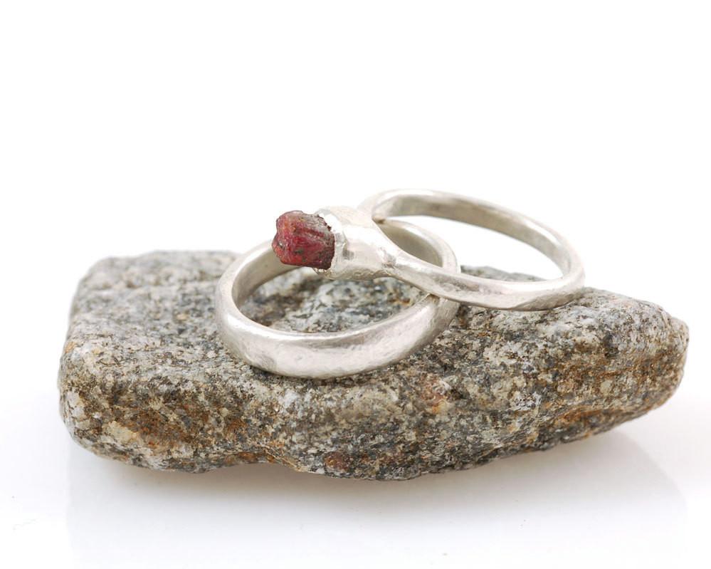 Rough Ruby in Palladium Sterling Silver Engagement Ring and Wedding Band Set - size 6 - Ready to Ship - Beth Cyr Handmade Jewelry