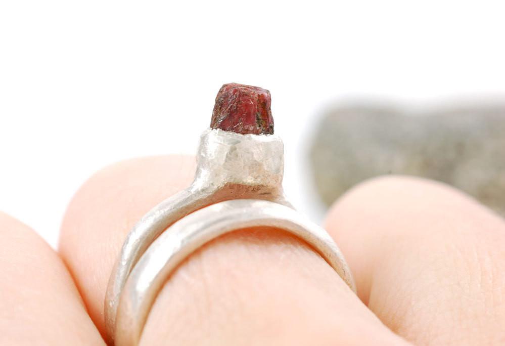 Rough Ruby in Palladium Sterling Silver Engagement Ring and Wedding Band Set - size 6 - Ready to Ship - Beth Cyr Handmade Jewelry